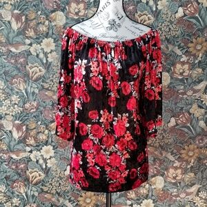 Black and Red Roses Floral velvet top Off Shoulder 3XL